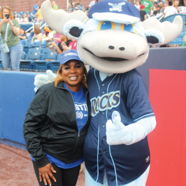  Photo of Dr. Joyner with Blue Rocks mascot